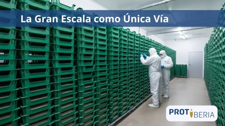 Imagen industrial con paredes de Beetle-Box (cajas de cría de insectos) y dos personas con equipo profesional viendo las cajas