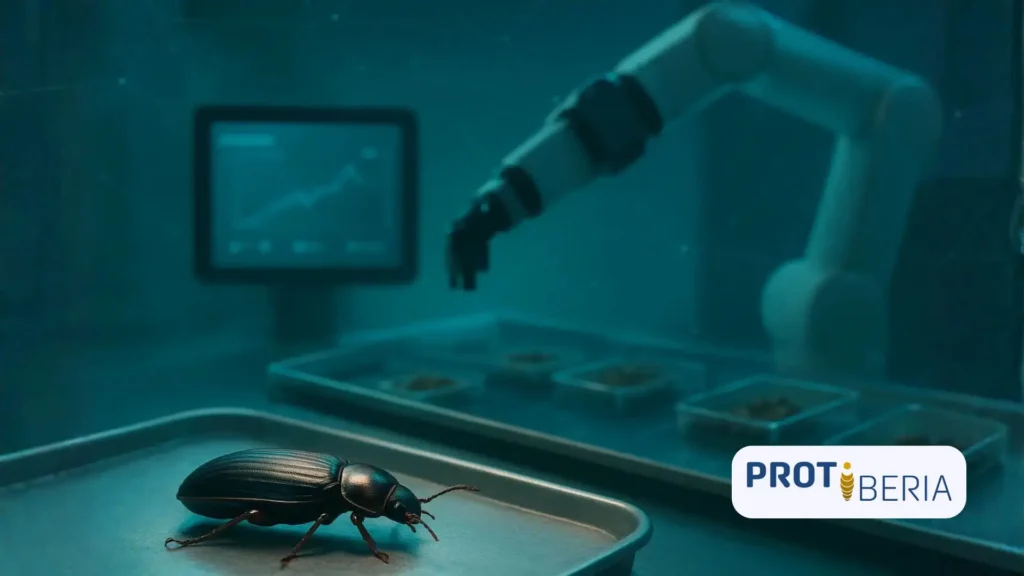 Escarabajo Tenebrio molitor sobre una bandeja metálica en un entorno de laboratorio automatizado, con un brazo robótico y una pantalla de datos en el fondo iluminados con luz azul verdosa, simbolizando la aplicación de inteligencia artificial en la cría de insectos.