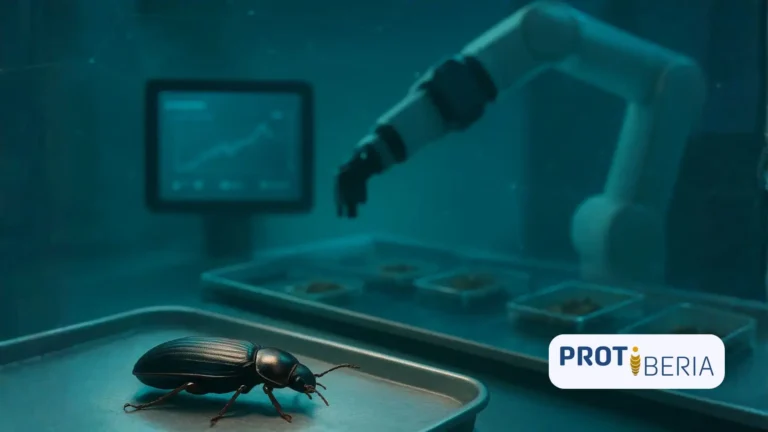 Escarabajo Tenebrio molitor sobre una bandeja metálica en un entorno de laboratorio automatizado, con un brazo robótico y una pantalla de datos en el fondo iluminados con luz azul verdosa, simbolizando la aplicación de inteligencia artificial en la cría de insectos.